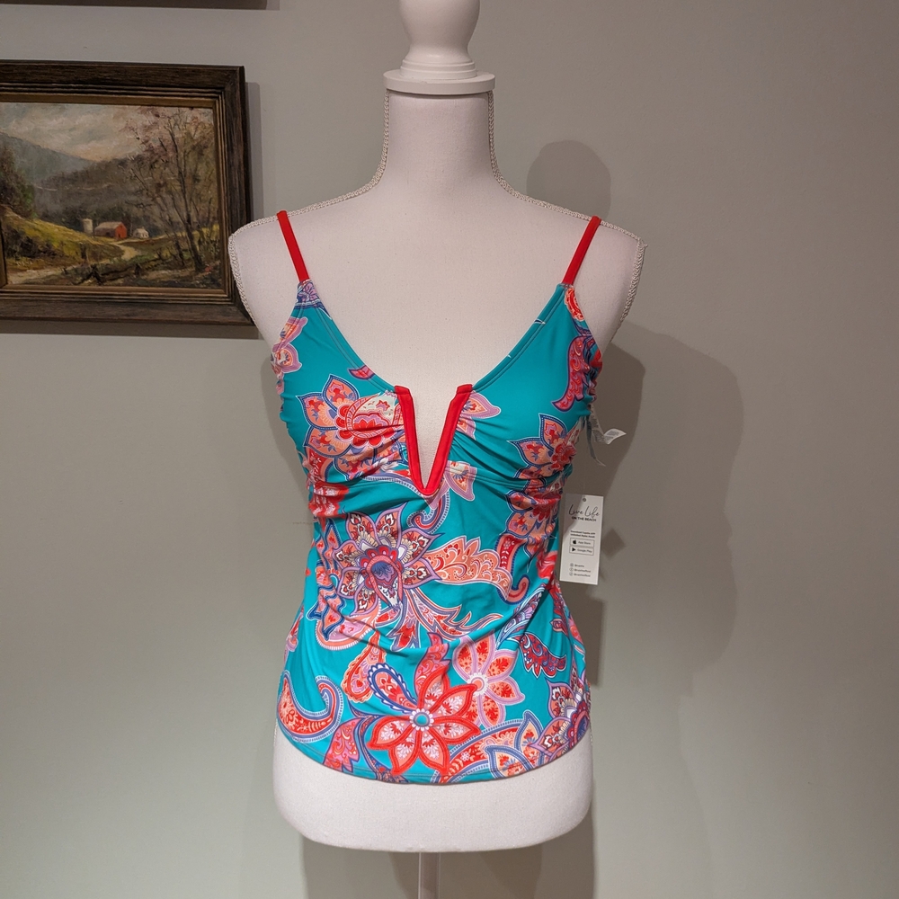 NEW Cupshe Women's Small Jazz Boho Lace-Up Tankini Top Floral Paisley V-Neck